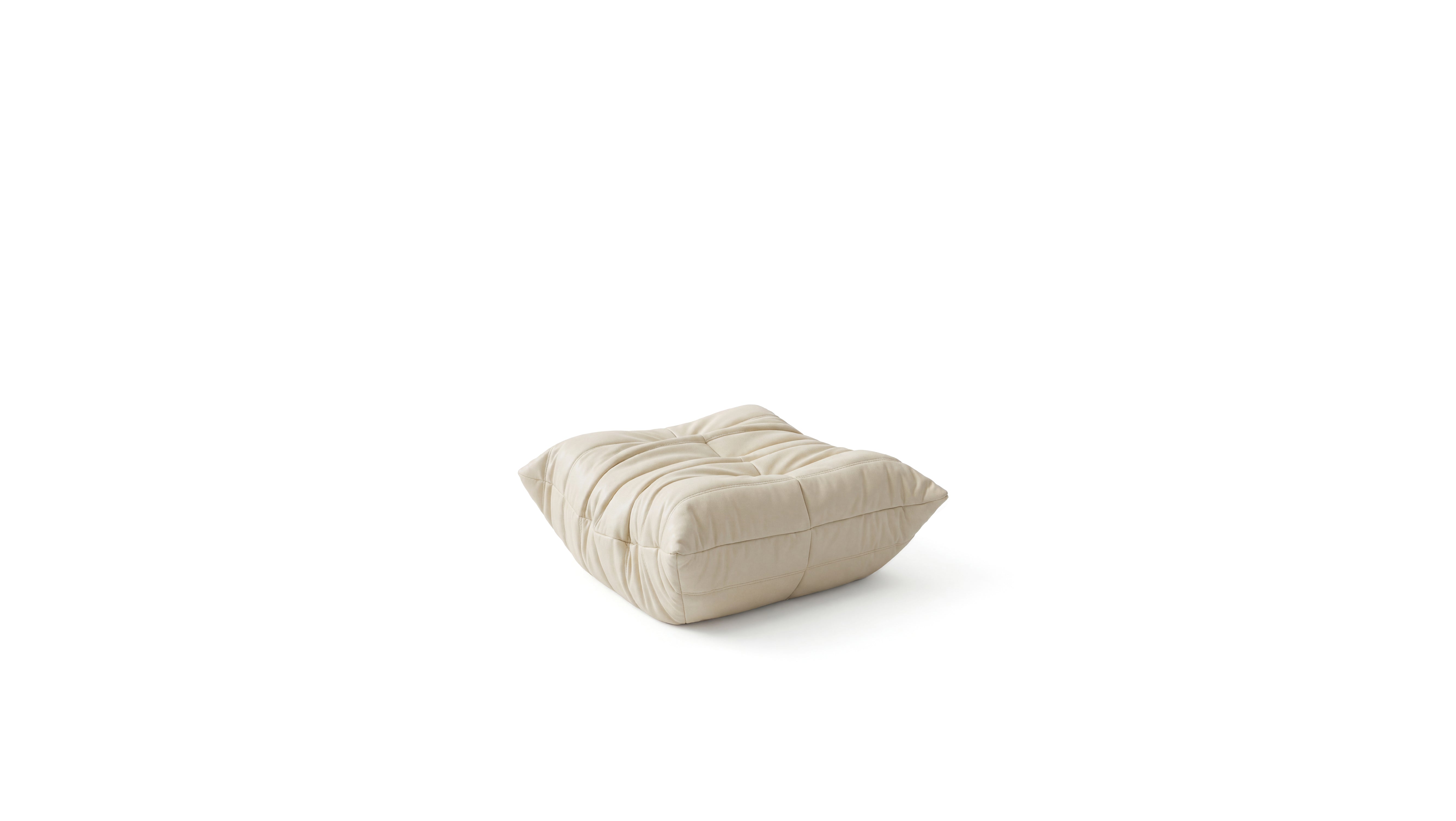 Cream Leather Michel Ducaroy TOGO Footstool on a white background - Front Angle 2, R-3236 in the USA in Canada repr.