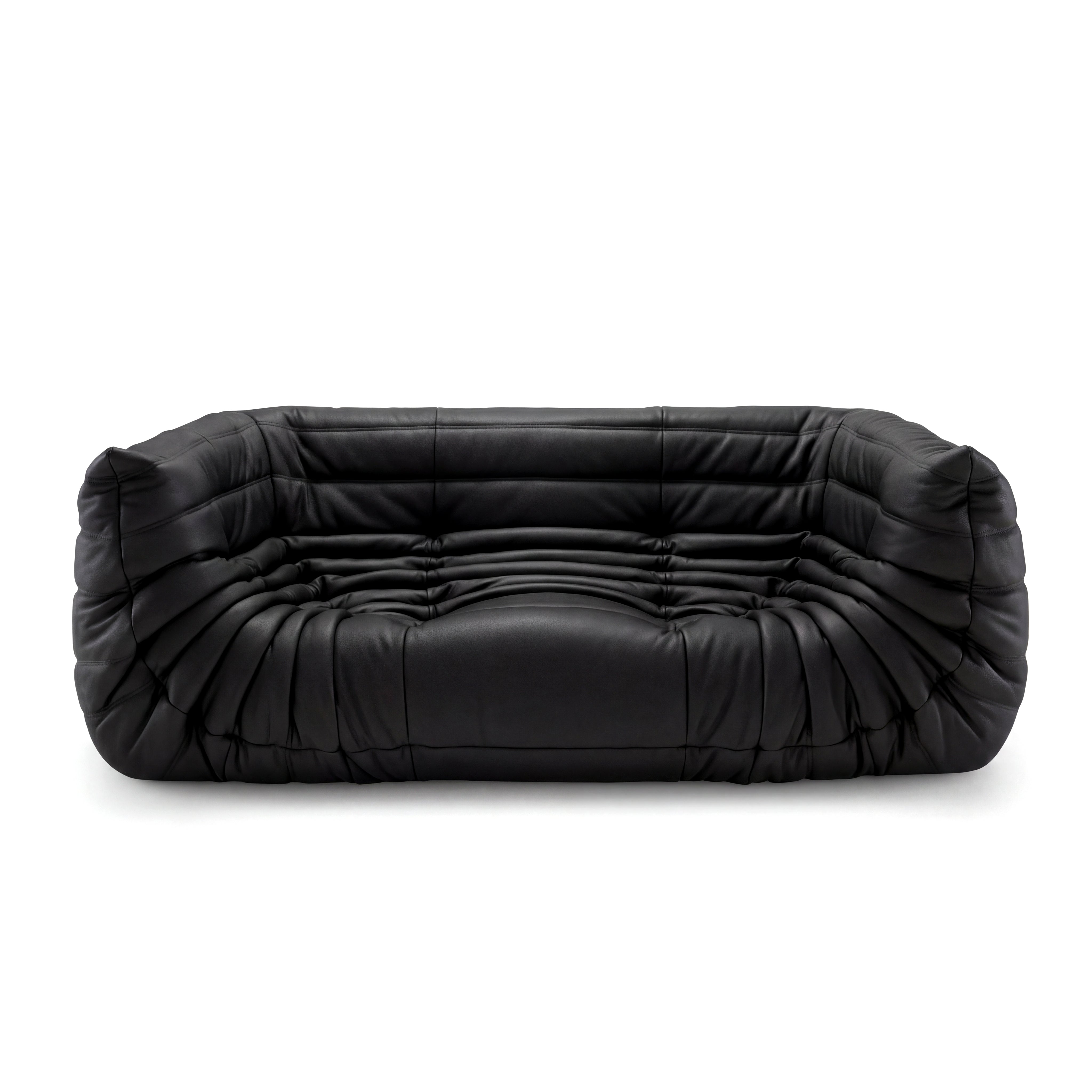 Black Leather Michel Ducaroy TOGO Medium Sofa on a white background - Front, R-3234 in the USA in Canada repr. Desktop Hero