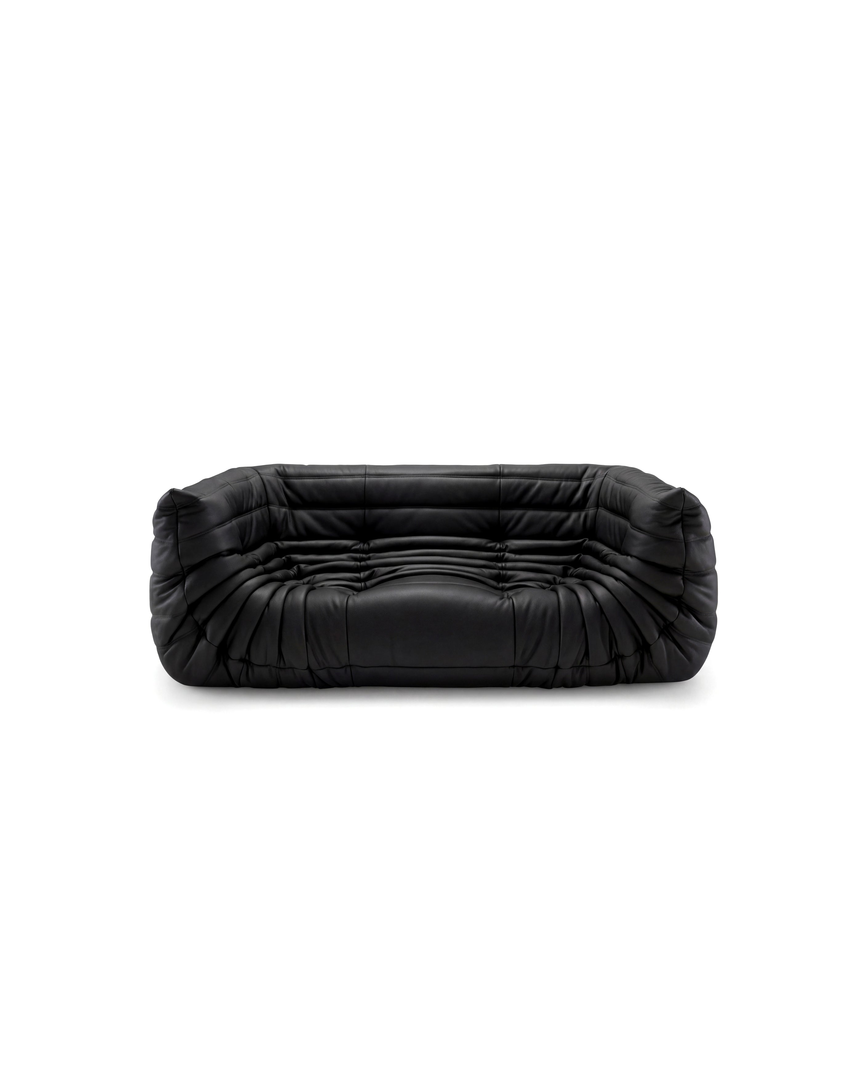 Black Leather Michel Ducaroy TOGO Medium Sofa on a white background - Front, R-3234 in the USA in Canada repr. Mobile Hero
