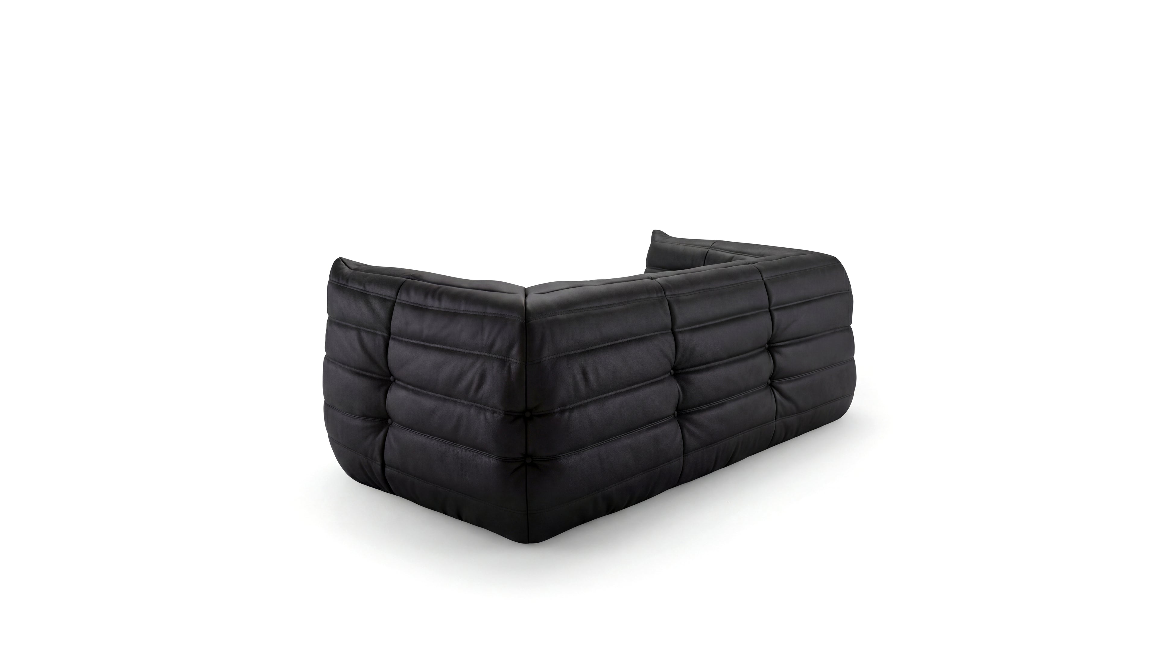 Black Leather Michel Ducaroy TOGO Medium Sofa on a white background - Back Angle, R-3234 in the USA in Canada repr.