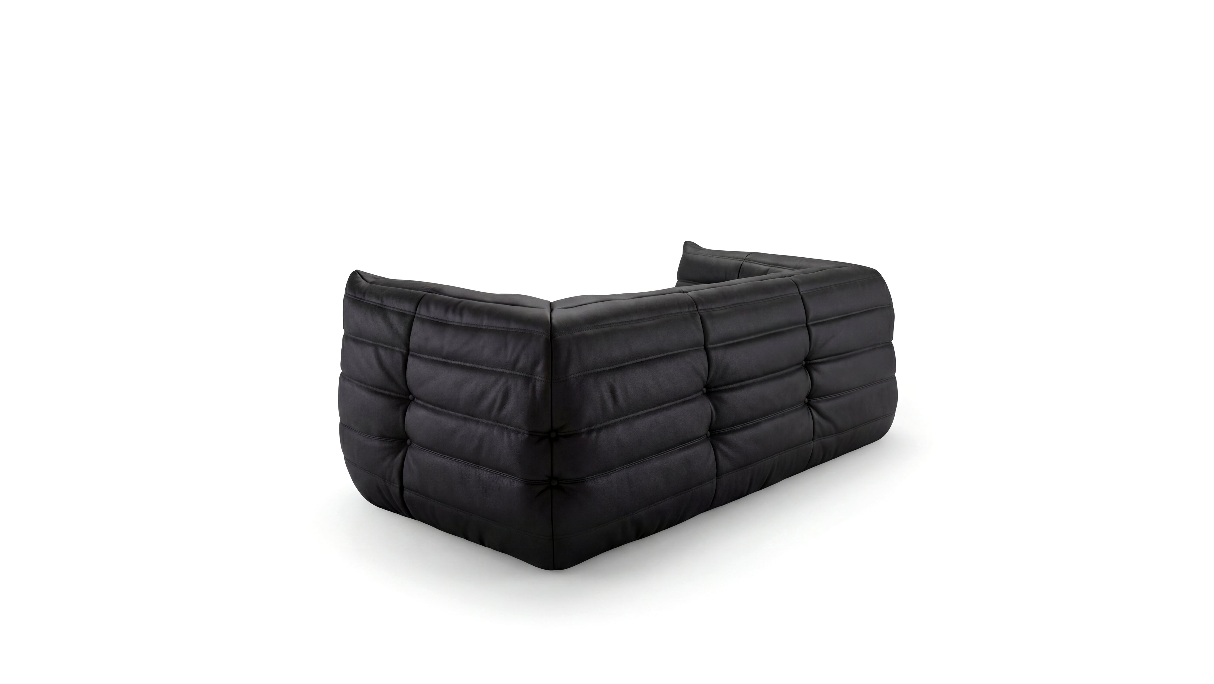 Black Leather Michel Ducaroy TOGO Medium Sofa on a white background - Back Angle, R-3234 in the USA in Canada repr.