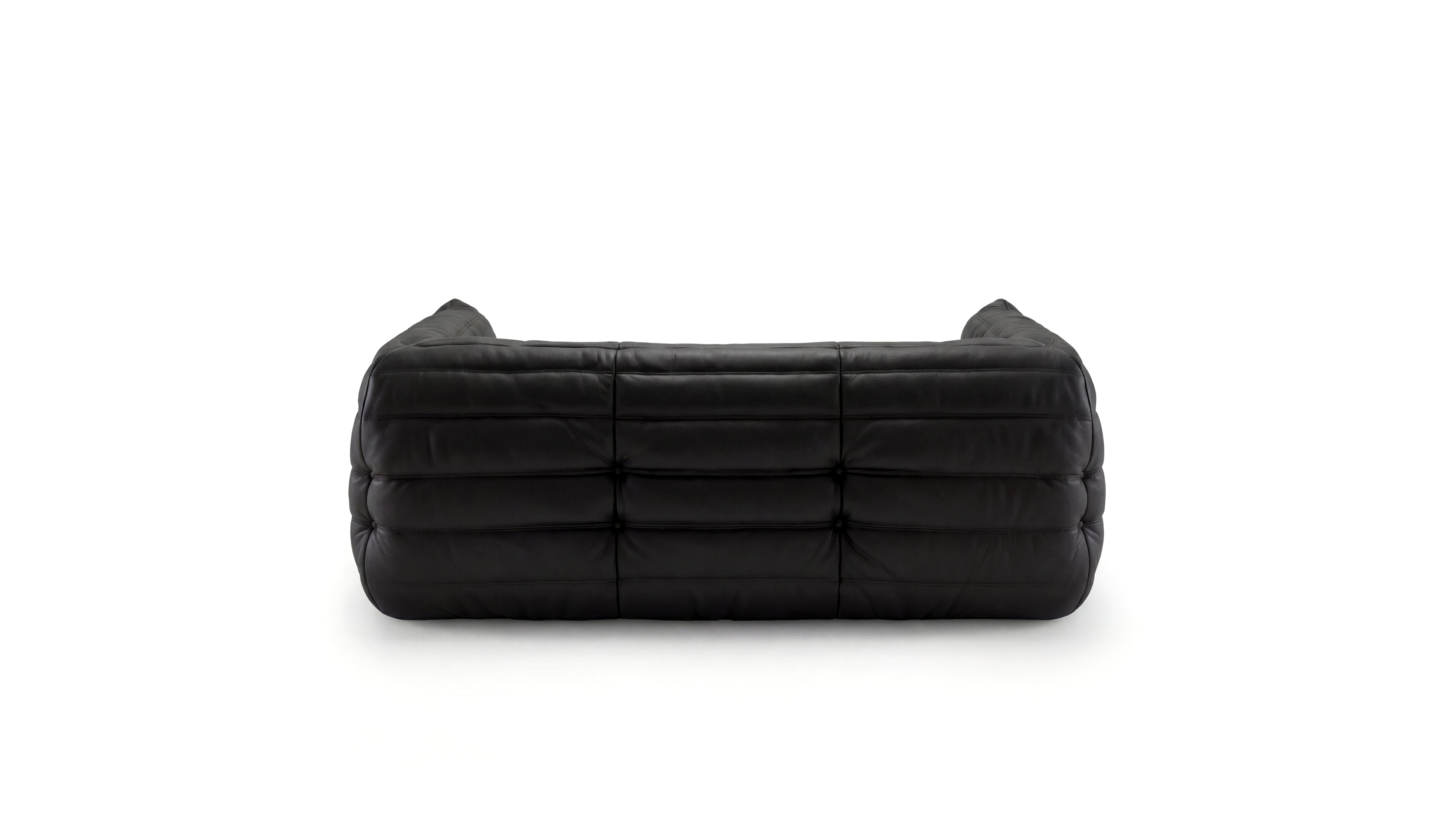 Black Leather Michel Ducaroy TOGO Medium Sofa on a white background - Back, R-3234 in the USA in Canada repr.