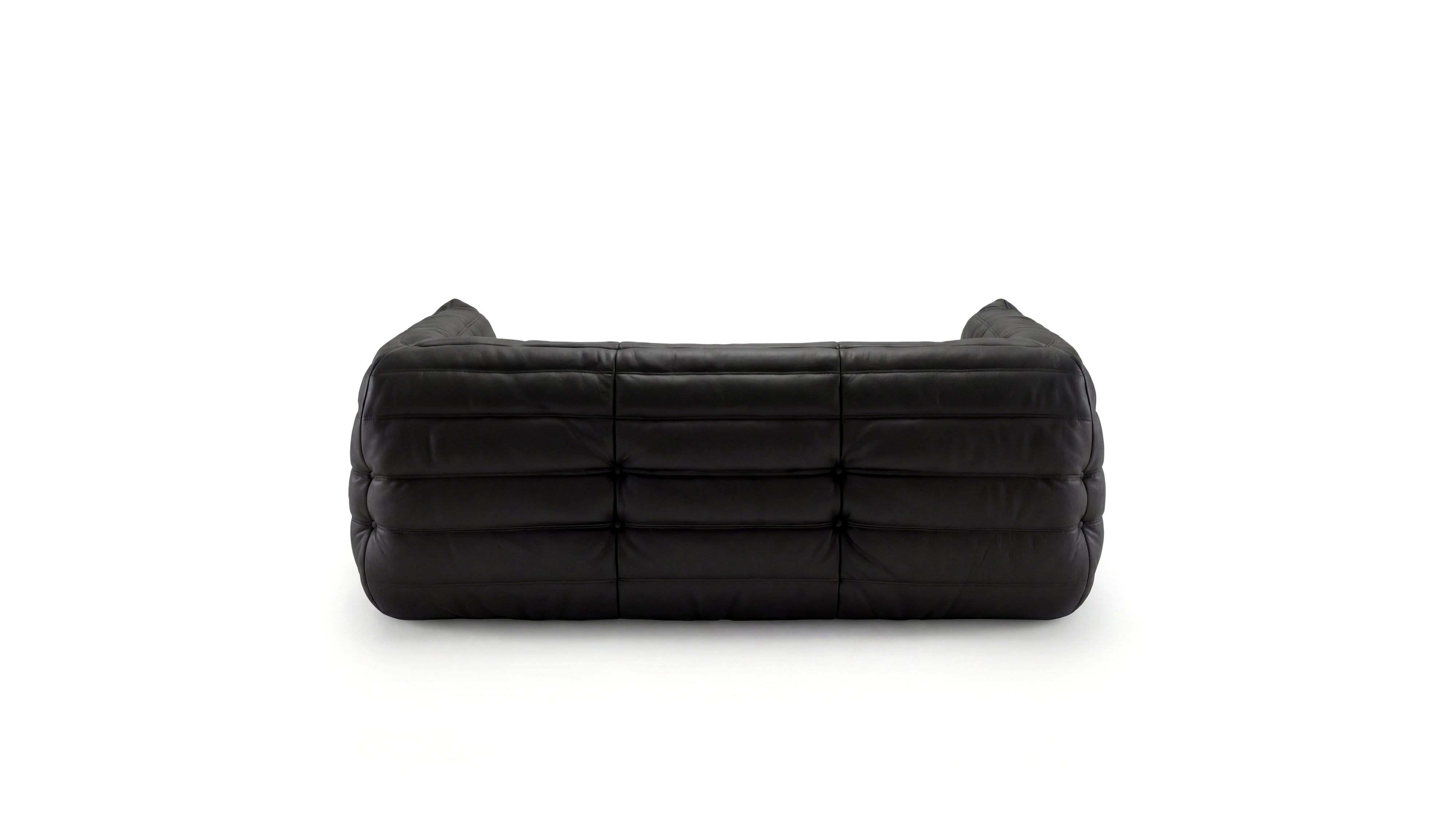 Black Leather Michel Ducaroy TOGO Medium Sofa on a white background - Back, R-3234 in the USA in Canada repr.