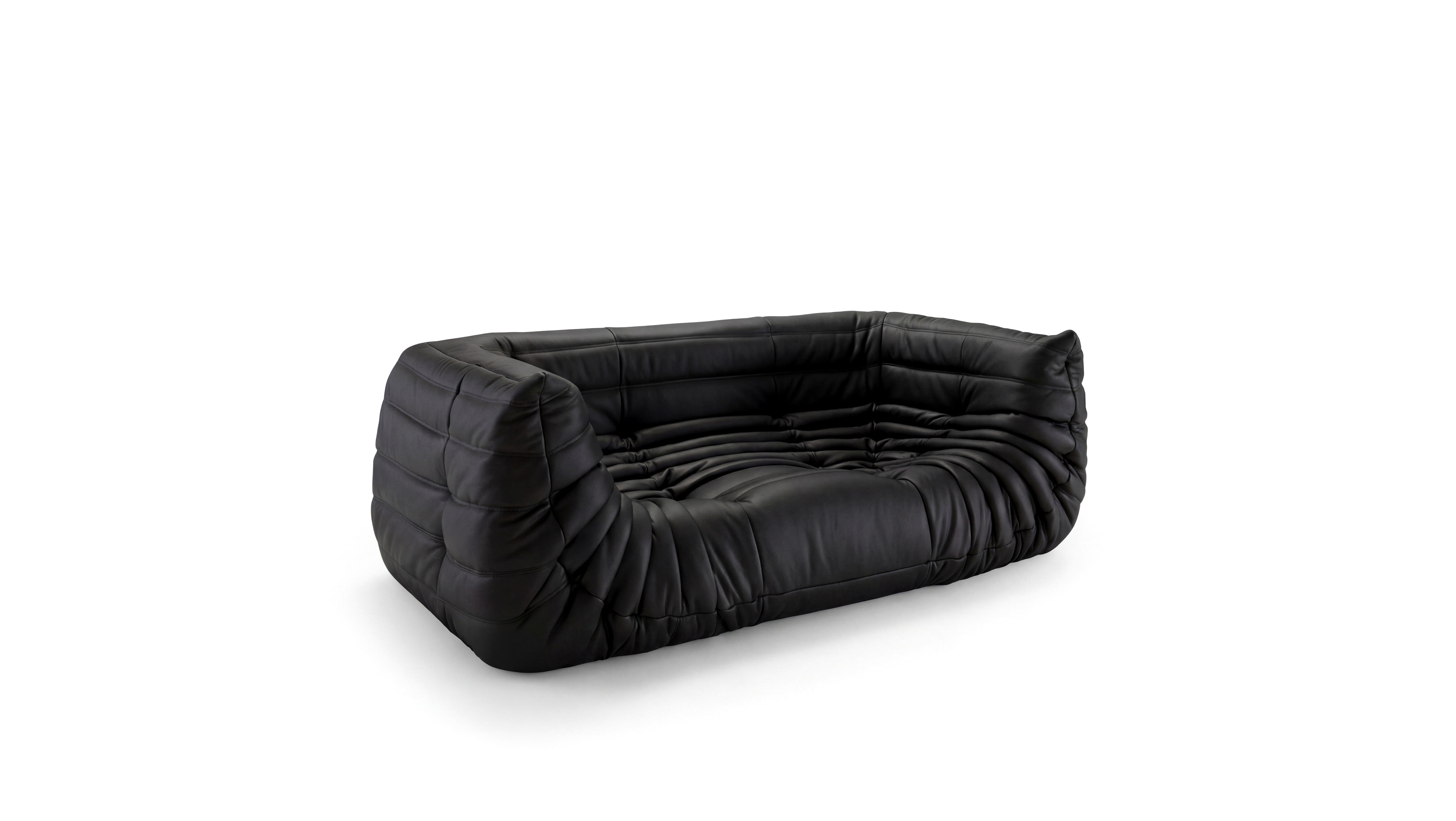Black Leather Michel Ducaroy TOGO Medium Sofa on a white background - Front Angle 2, R-3234 in the USA in Canada repr.