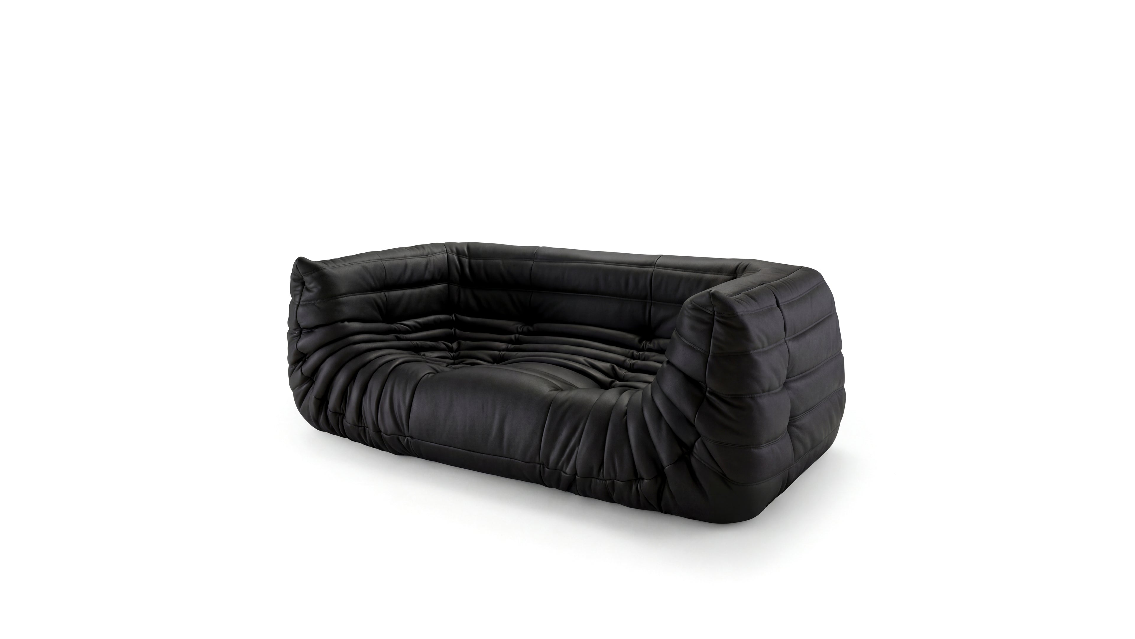Black Leather Michel Ducaroy TOGO Medium Sofa on a white background - Front Angle, R-3234 in the USA in Canada repr.