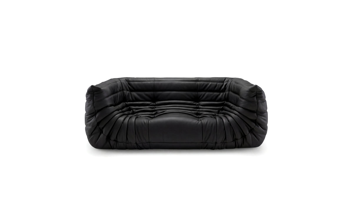 Black Leather Michel Ducaroy TOGO Medium Sofa on a white background - Front, R-3234 in the USA in Canada repr.