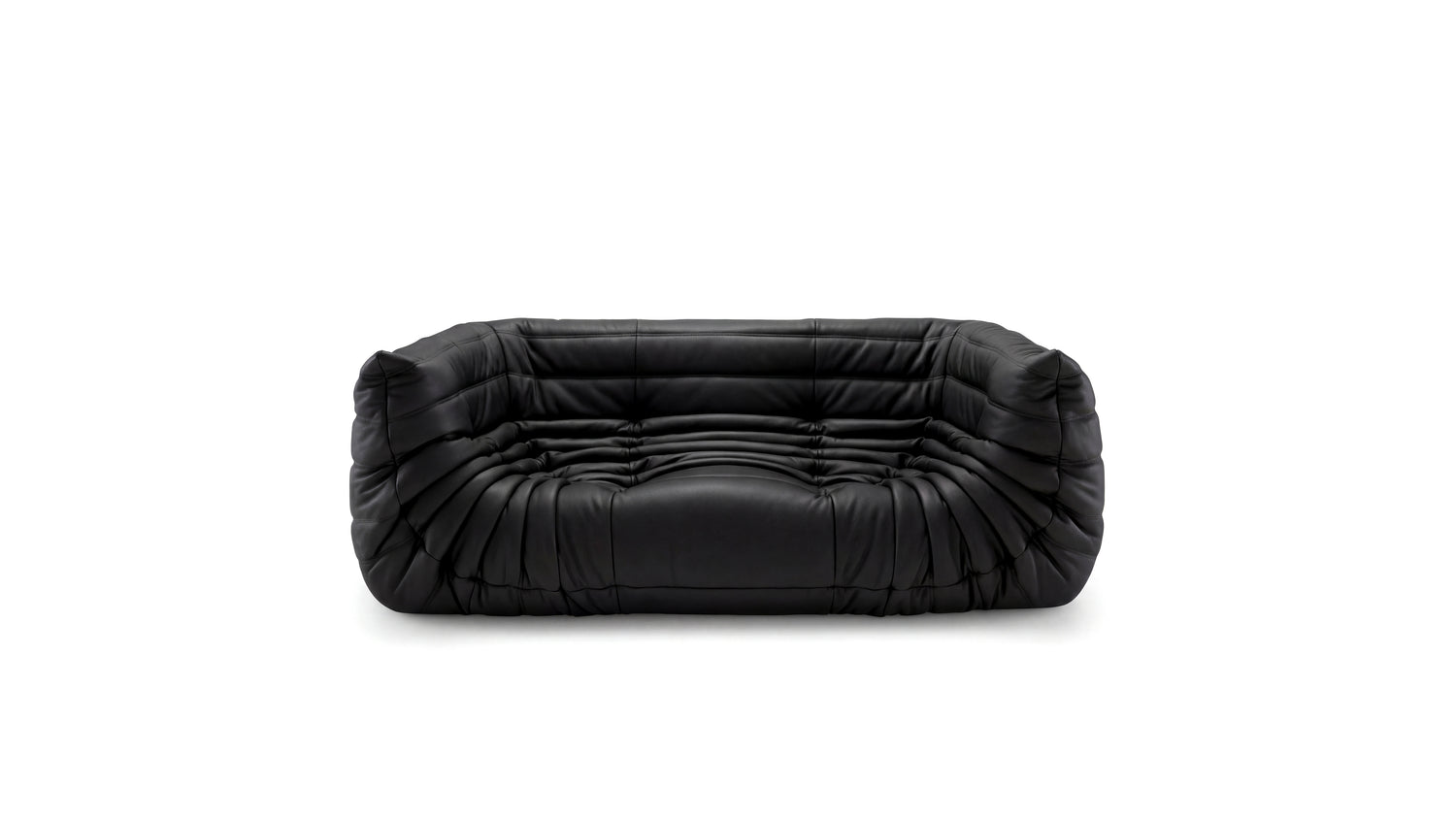 Black Leather Michel Ducaroy TOGO Medium Sofa on a white background - Front, R-3234 in the USA in Canada repr.