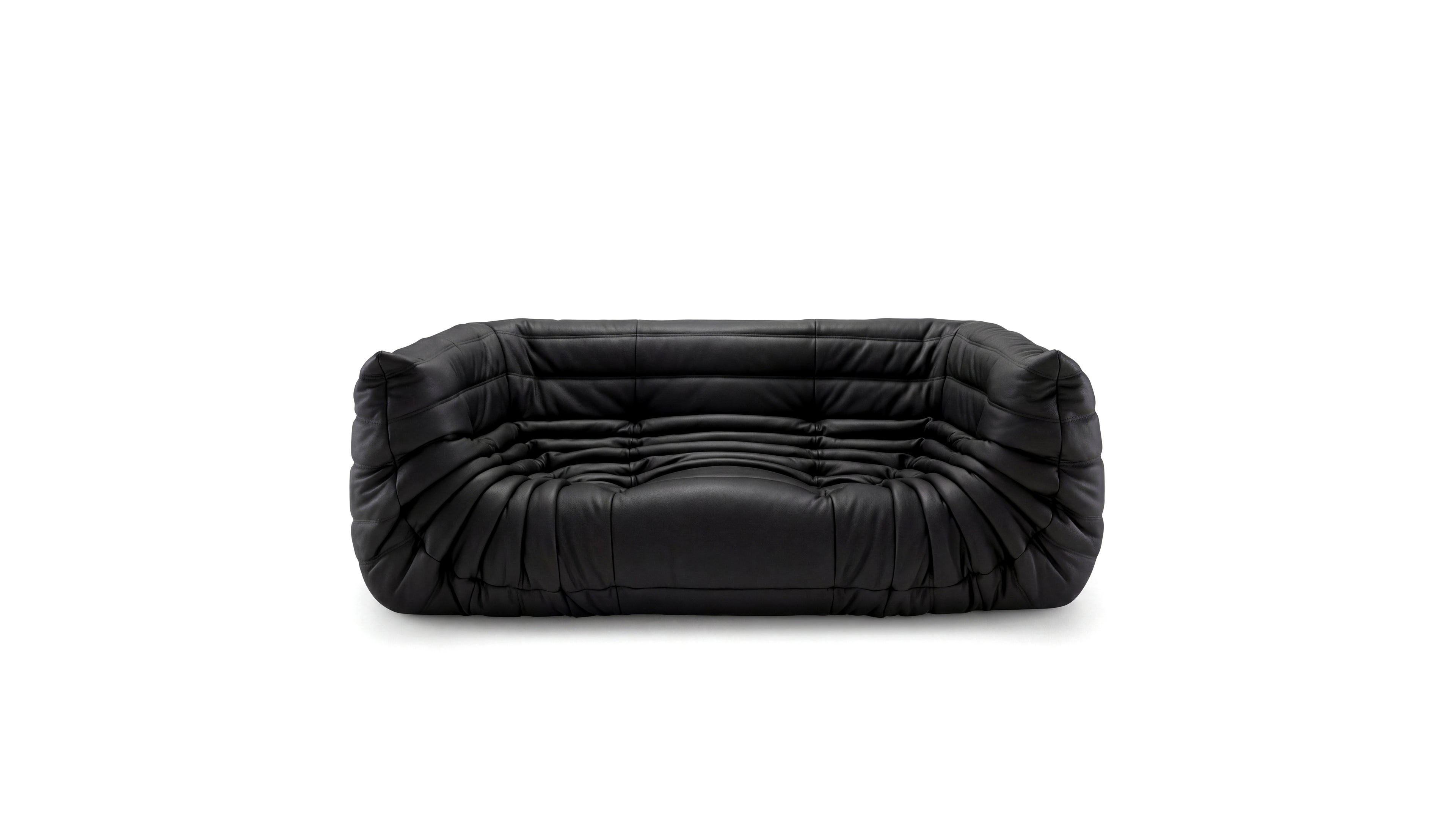 Black Leather Michel Ducaroy TOGO Medium Sofa on a white background - Front, R-3234 in the USA in Canada repr.