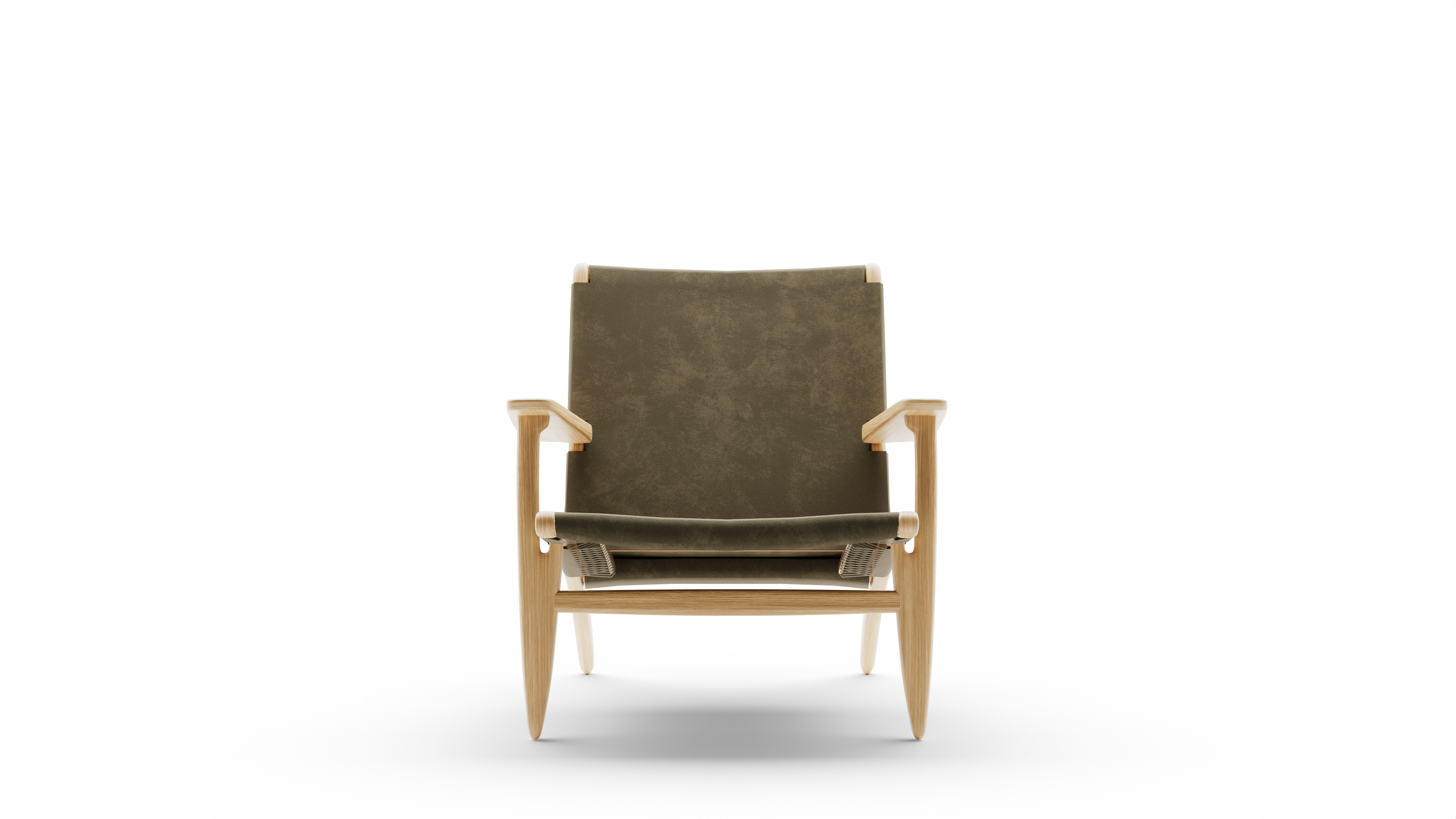 Front view of Hans Wegner 25 Lounge Chair Style in leather and suede, available online in Canada. Designed by Hans Wegner, Made by Archetype Forms.