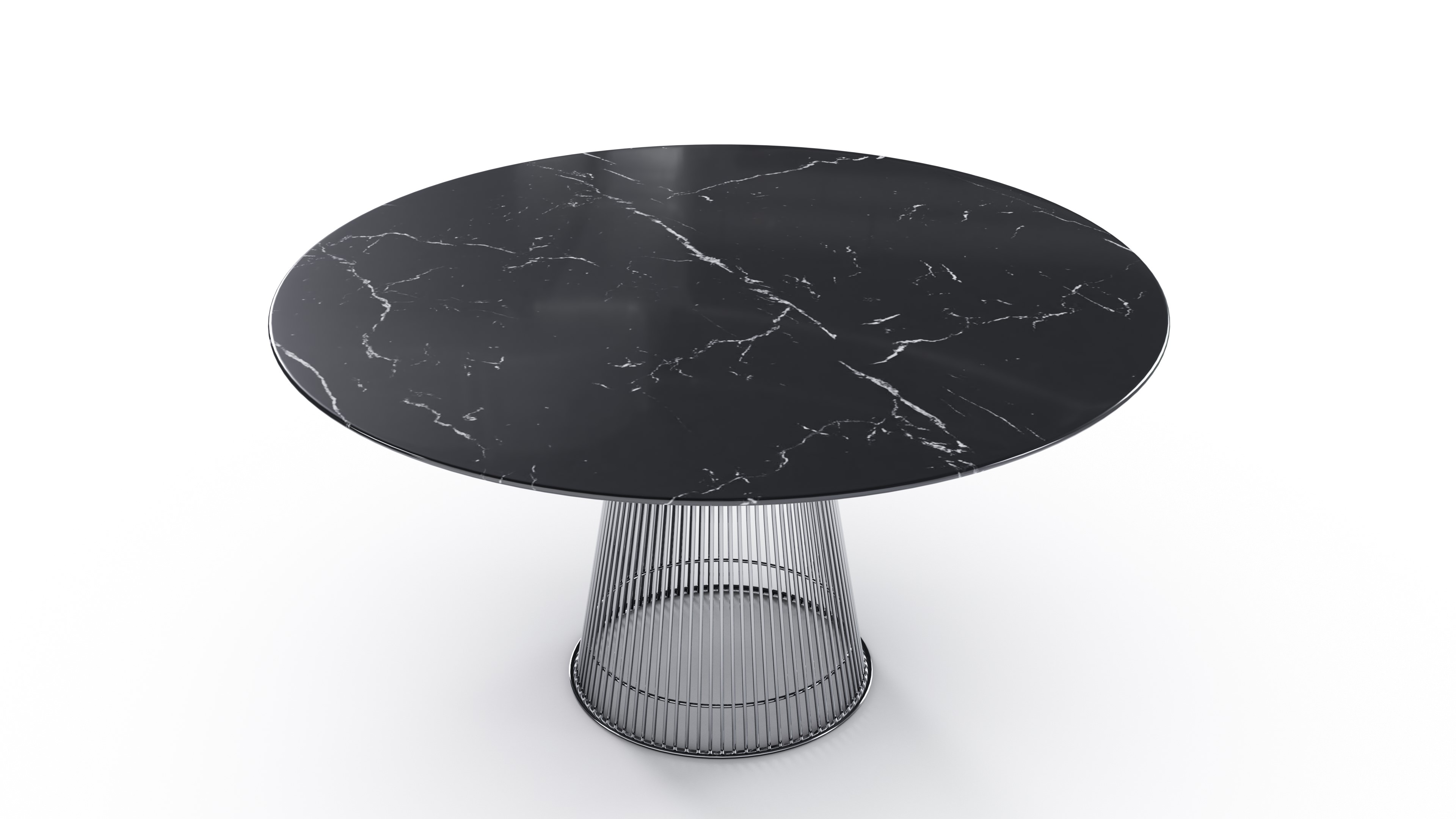 Closeup view 4 of the Platner Dining Table 54" Round Nero Marquina Stone Black Marble on Mirror Chrome Base by Warren Platner, available online in Canada.