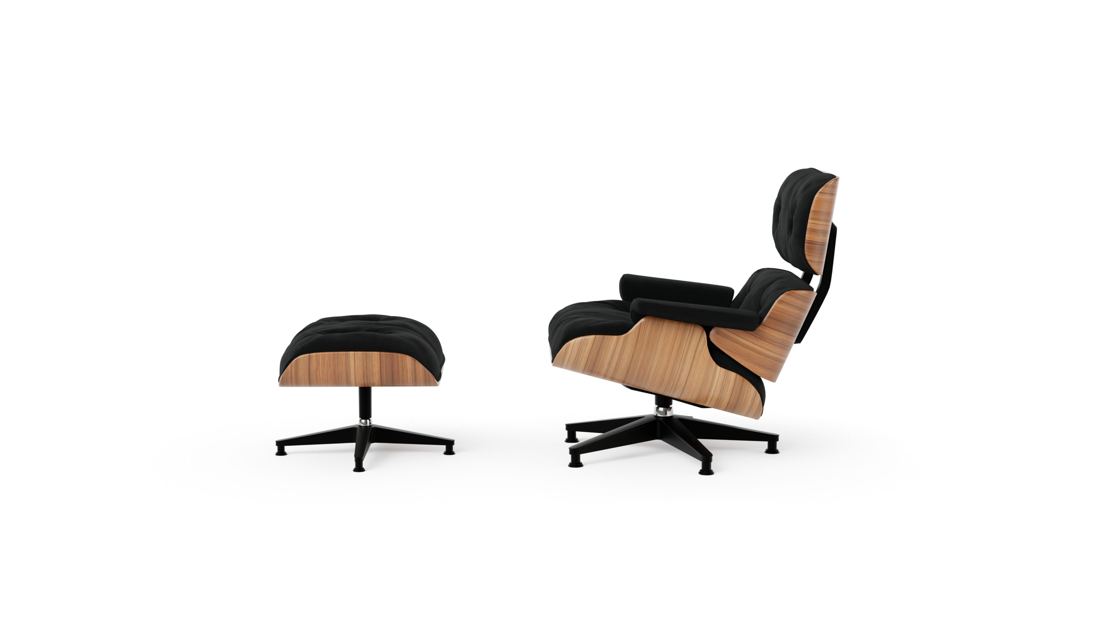 Eames Lounge Chair 670, Eames Ottoman 671, Herman Miller Base, Molded Plywood Reproduction by Archetype Forms - Charles & Ray Eames - Side View, Black Suede, Natural Oak