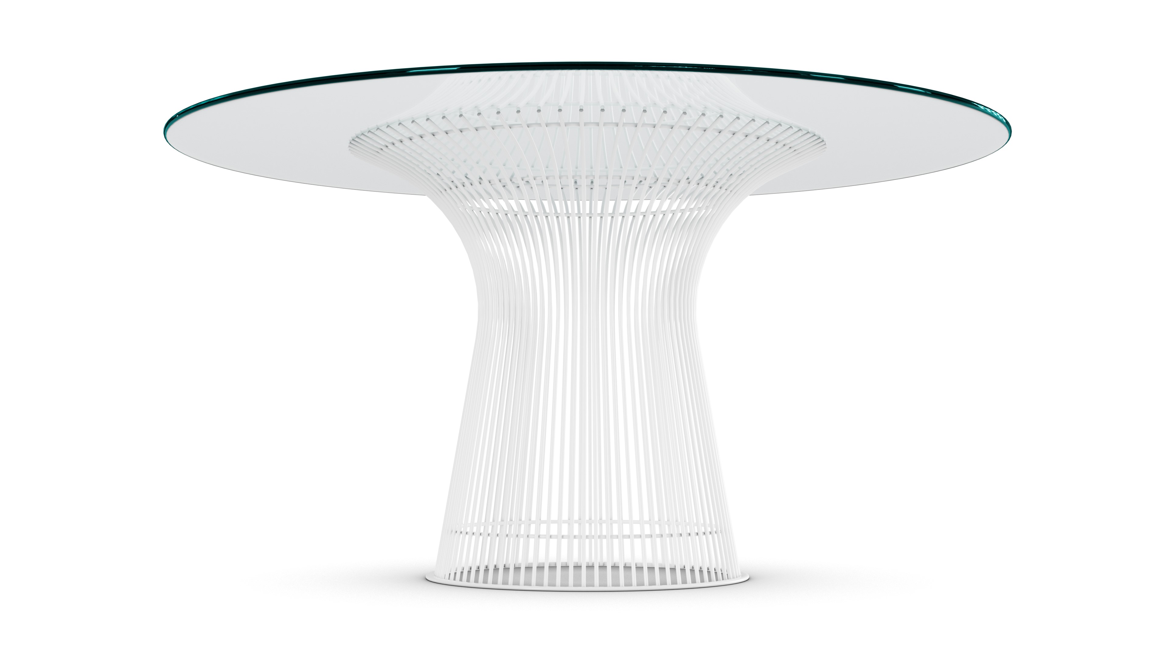 Hero image of the Platner Series 3716 Dining Table 54 Round Clear Glass on White Base by Warren Platner, designed by Warren Platner, available online in Canada. Made by Archetype Forms.