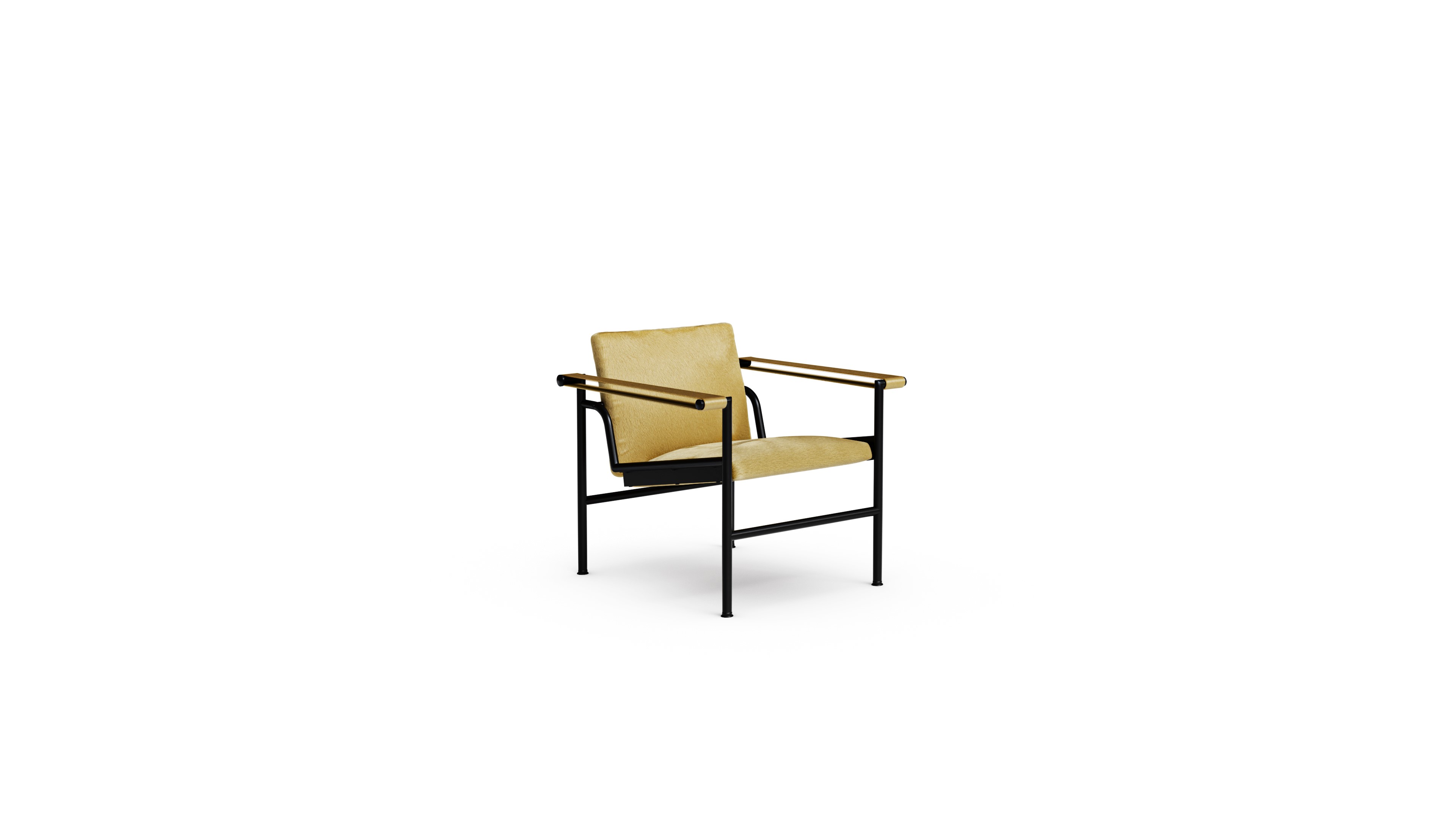 Front angle hero view of the Fauteuil A Dossier Basculant Villa Church Haired Hide Chair, designed by Le Corbusier in 1929, available online in Canada. Made by Archetype Forms.